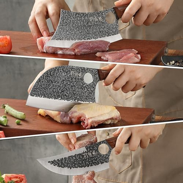 3Pcs Butcher Knife Set 7" Butcher Meat Cleaver 7" Serbian Chef Knife And 6.5" Viking Knife Hand Forged Kitchen Knife Set With Plastic Handle Geat For Home Camping Bbq (Unique Finger Hole Design)