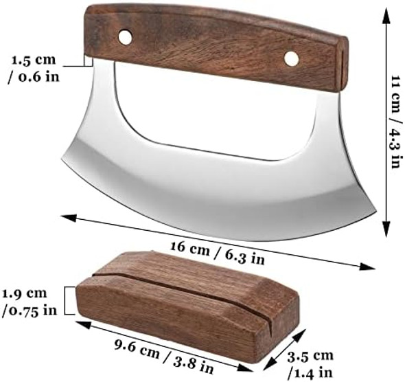 Hanaive 2 Set Pizza Cutter Mezzaluna Ulu Knife With Base Salad Veggies Chopper Slicer Cutter Mezzaluna Knife Cleaver Chopping Salad Chopper Stainless Steel Blade For Chef