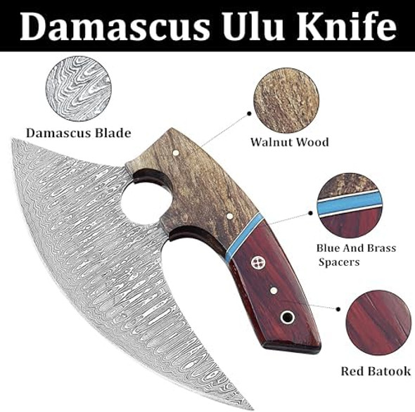 Damascus Ulu Knife With Leather Sheath - Handmade Alaskan Ulu Knife - Ideal Alaska s For Chopping Slicing Mincing Skinning Pizza Cutting And Meat & Herb 7 Inch Red & Brown