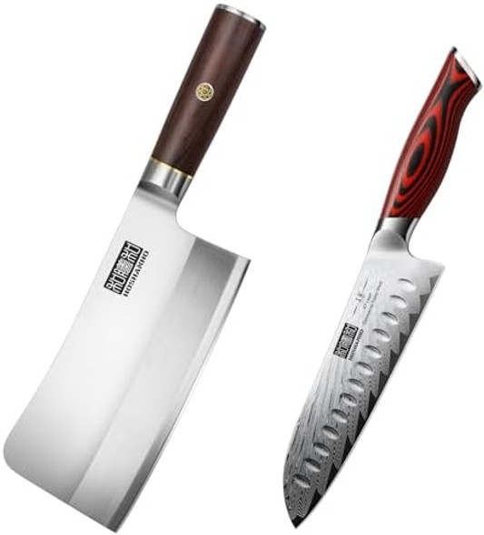 Meat Cleaver Knife For Meat Cutting And Damascus Santoku Knife 7 Inch Ultra-Sharp Kitchen Knife With Ergonomic Handle