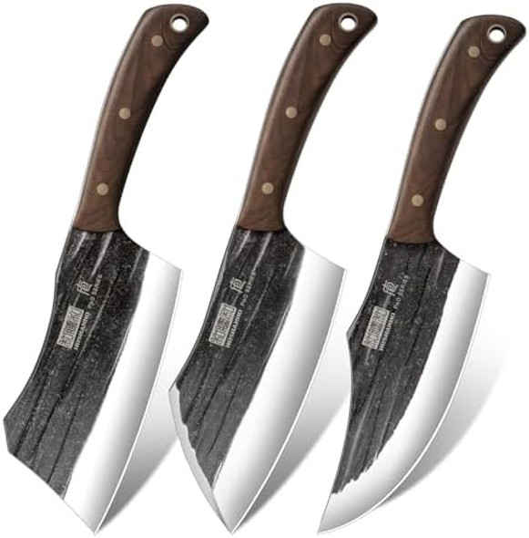 3 Pieces Kitchen Knife Set Of Heavy Duty Butcher Bone Chopper Knife & Meat Cleaver Knife & Viking Knife & Magnetic Knife Holder For Wall 16 Inch