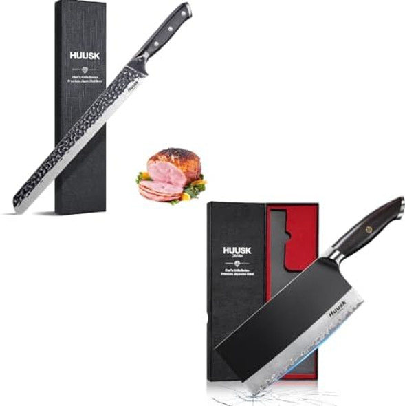 Huusk Japan 12 Inch Hand Forged Slicing Knife For Meats Ribs Roasts Butcher Knife For Meat Cutting 7.5 Inch Meat Cleaver Knife Full Tang Chef Knife With Damascus Texture Camping For Men