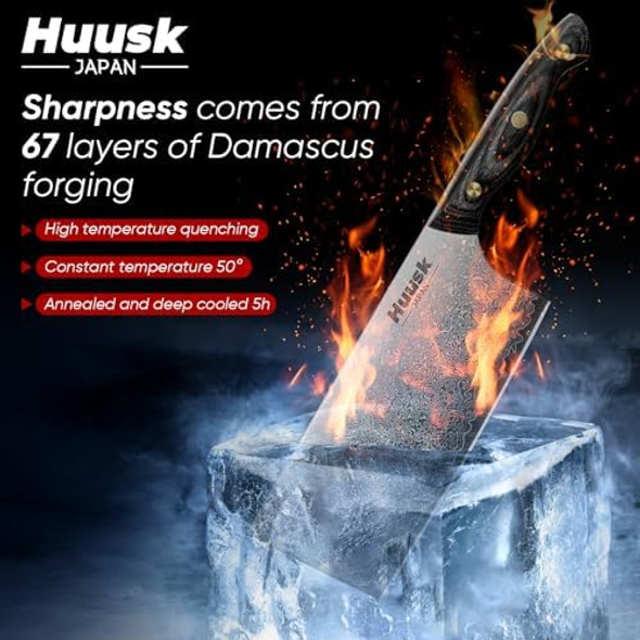 Huusk Damascus Cleaver Knife 7 Inch Vg10 Butcher Knife For Meat Cutting Japanese Meat Cleaver With Sheath Hand Forged Kitchen Knife With Wood Handle Chopping Knife For Cooking Camping