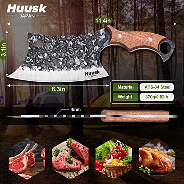Huusk Collectible Knives Bundle Chef Knife & Carved Meat Cleaver Knife Hand Forged Butcher Knife With Leather Sheath And Box