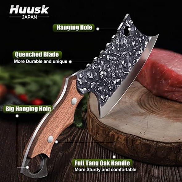 Huusk Collectible Knives Bundle Chef Knife & Carved Meat Cleaver Knife Hand Forged Butcher Knife With Leather Sheath And Box