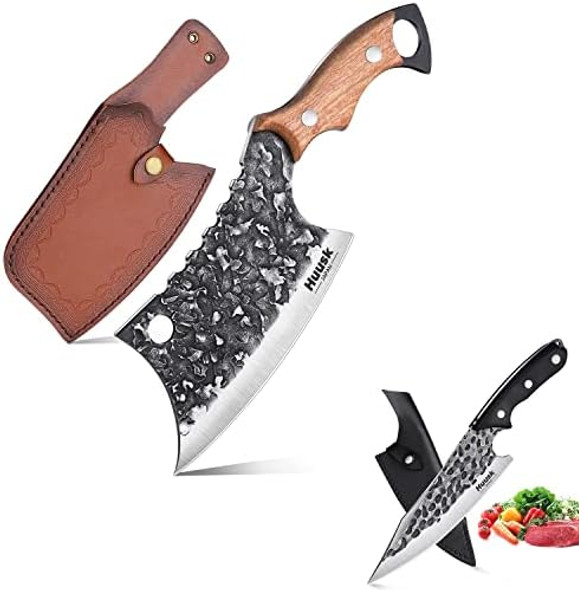 Huusk Collectible Knives Bundle Chef Knife & Carved Meat Cleaver Knife Hand Forged Butcher Knife With Leather Sheath And Box
