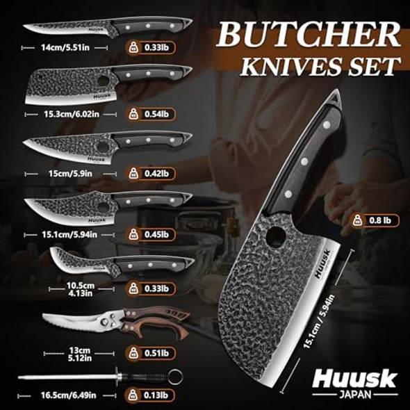 Huusk Serbian Chef Knife Set - 6Pcs Bundle With A Hand Forged Meat Cleaver Knife With Sheathfull Tang Butcher Knife For Camping Bbq For Men Women