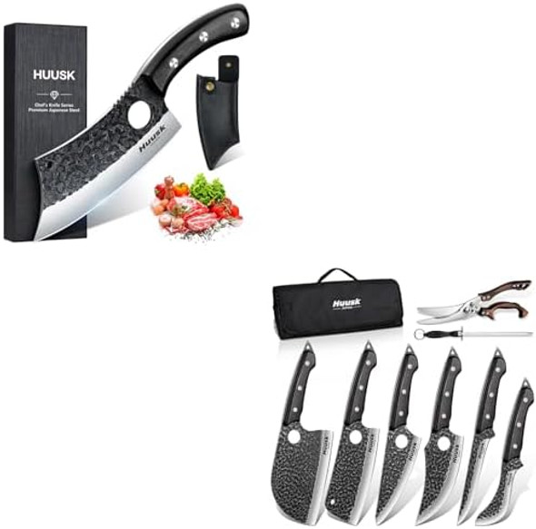 Huusk Serbian Chef Knife Set - 6Pcs Bundle With A Hand Forged Meat Cleaver Knife With Sheathfull Tang Butcher Knife For Camping Bbq For Men Women