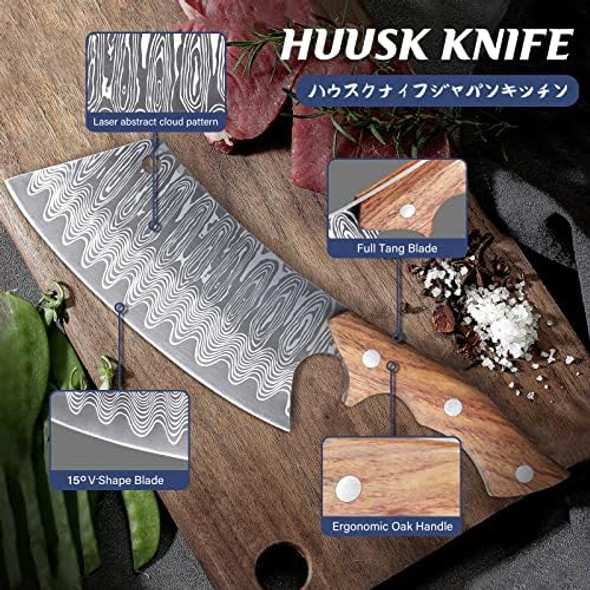 Huusk Japan Knife Hand Forged Meat Cleaver Knife Japanese Kitchen Knife & Huusk Kitchen Knife Block Set - 15 Pieces Kitchen Knife Set With Built-In Sharpener