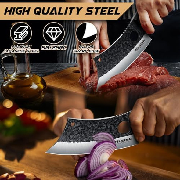 Huusk Knives Set Hand Forged Meat Cleaver Knife With Sheath High Carbon Steel Kitchen Knife For Meat And Vegetables