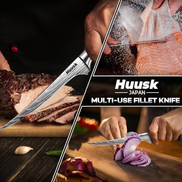 Huusk Filet Knife For Fish - 7 Inch Fish Fillet Knife Bundle With A Hand Forged Meat Cleaver Knife With SheathFlexible Boning Knives For Meat Cutting Professional Japanese Fishing Knives For Meat Po