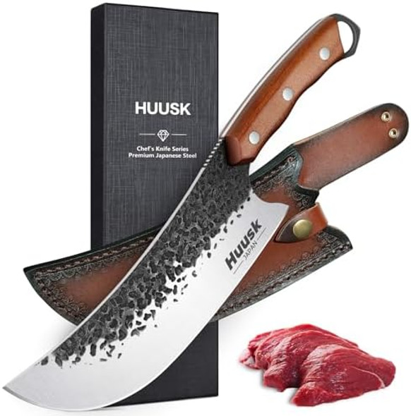 Huusk Japan Knive Set Butcher Knife For Meat Cutting Meat Cleaver Knife Heavy Duty With SheathHand Forged Chef Butcher Full Tang Boning Knife For Outdoor Cooking Kitchen Deboning Or Camping Bbq
