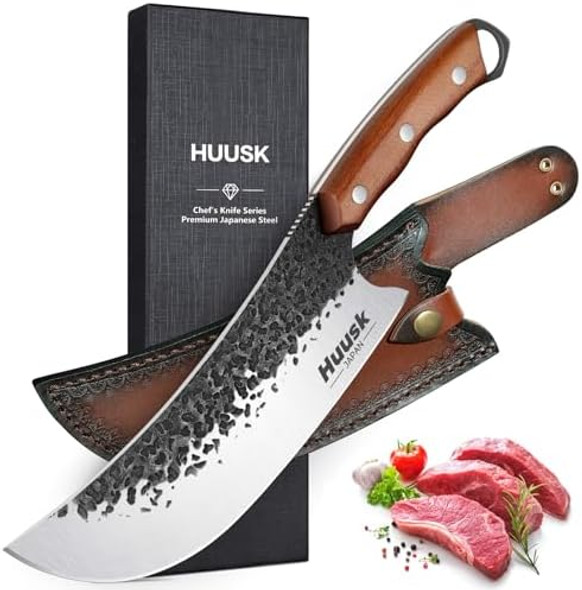 Huusk Knives Japan Hand Forged Meat Cleaver Knife With Sheath High Carbon Steel Kitchen Knife For Meat And Vegetables Full Tang Butcher Knife For Camping Bbq For Men Women