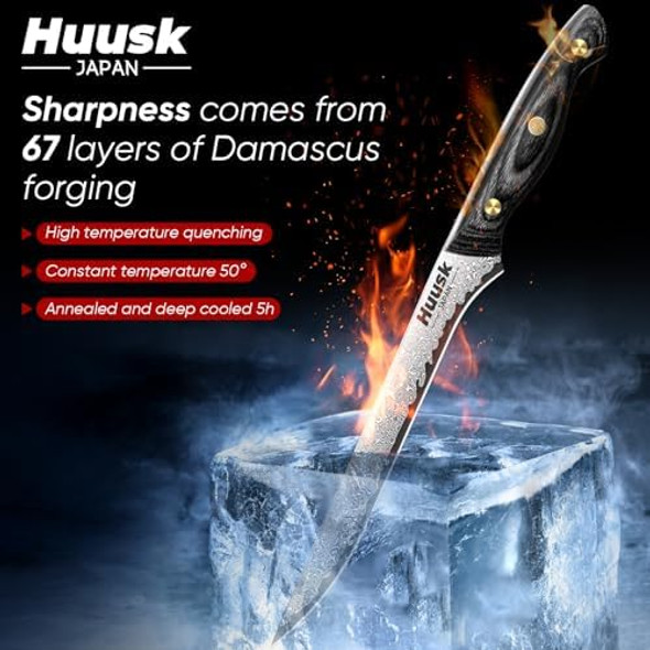 Huusk Damascus Boning Knife 8 Inch Vg10 Brisket Trimming Knife For Meat Cutting Butcher Knife 7.5 Inch Meat Cleaver Professional Chopping Knife With Ergonomic Handle For Men