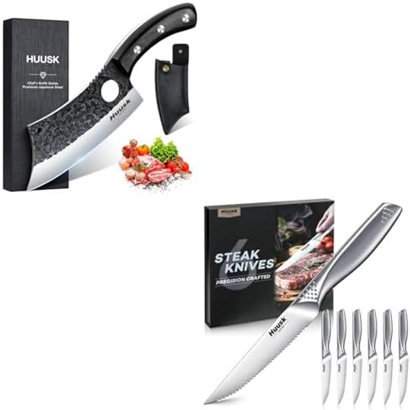 Huusk Serrated Steak Knives Set Of 6 Bundle With A Hand Forged Meat Cleaver Knife With SheathJapanese Stainless Steel Steak Knives SetSharp Safe Dinner Knife For Kitchen Table With Box