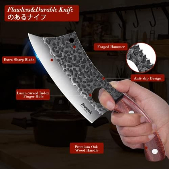 Huusk Viking Knife With Sheath Bundle & Cleaver Knife For Meat Cutting Boning Outdoor Cooking Kitchen Deboning Or Camping Bbq