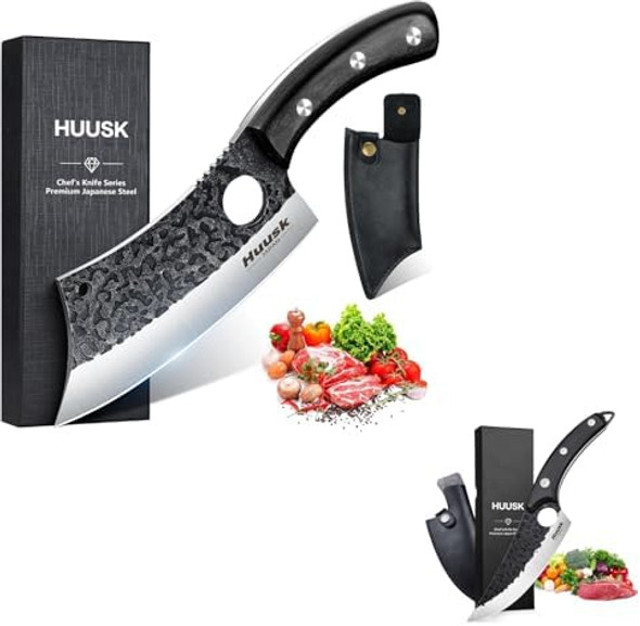 Huusk Knives Set Hand Forged Meat Cleaver Knife With Sheath High Carbon Steel Kitchen Knife For Meat Cutting