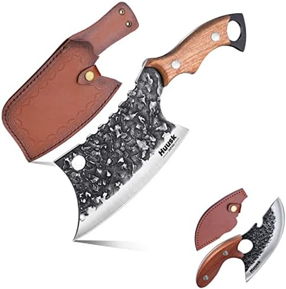 Huusk Collectible Knives Bundle Bbq Knife & Carved Meat Cleaver Knife Hand Forged Butcher Knife With Leather Sheath And Box