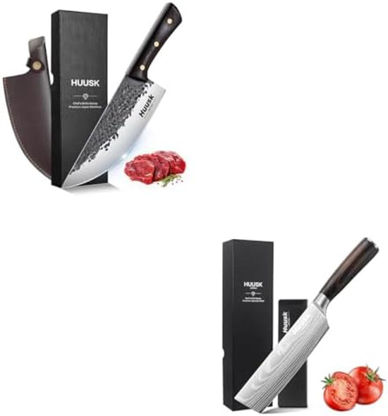 Huusk Nakiri Chef Knife - 6.8 Inch Cleaver And Vegetable Knife Bundle With Hand Forged Meat Cleaver Knife With Box
