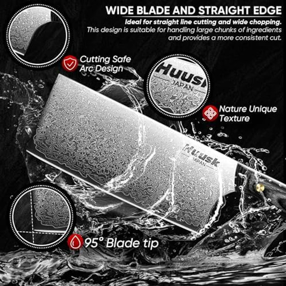 Huusk Damascus Cleaver Knife Full Tang Boning Knife With Leather Sheath Titanium Plated Kitchen Chef Knives Hand Forged Chooping Knives Birthday Dad Mom