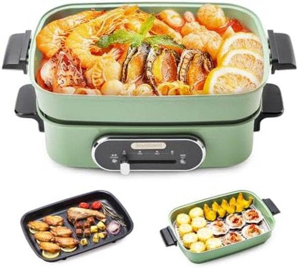 Joydeem 3-In-1 Electric Hot Pot Multi-Use Shabu Shabu Pot With Grill Pan & Steamer Non-Stick Ceramic Oil Coating Ul Listed Jd-Hg9088G Green