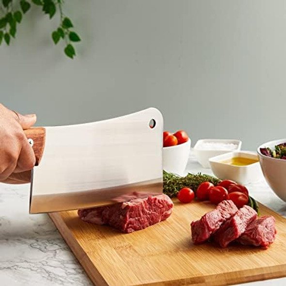 Juvale Meat Cleaver Bone Chopper For Chef And Meat Cutting - Butcher Knife With Wooden Handle For Kitchen - 8 Inch Cleaver Knife