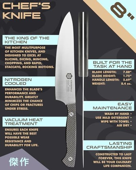 Kessaku 8-Inch Chef Knife - Senshi Series - Forged Japanese Aus-8 High Carbon Stainless Steel - Carbon Fiber G10 Handle With Sheath
