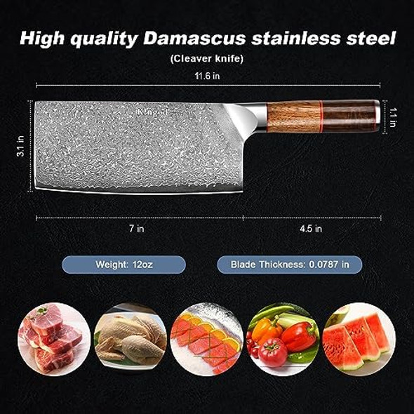 Kingod Premium Vg10 Kitchen Knife Set Of 2Pcs - 7" Meat Cleaver And 5" Paring Knife Handcrafted Damascus Steel Rosewood And Stabilizing Wood Handles