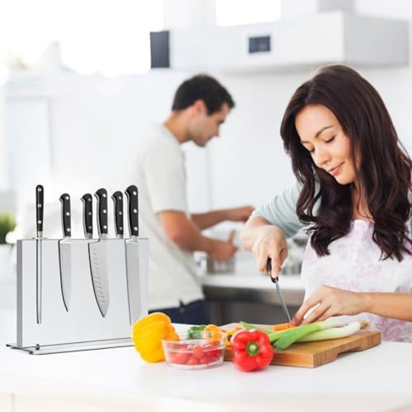 Magnetic Knife Holder Stainless Steel Magnetic Knife Block With Sharpener Double Sided Strong Magnet Knife Storage For Kitchen Counter Anti-Movement Suction Cup Base