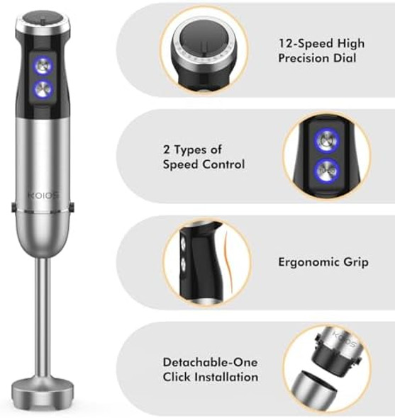Koios 1000W Immersion Hand Blender Upgrated 5-In-1 Handheld Blender Full Copper Motor Titanium Enhanced Blender Shaft 12-Speeds 600Ml Mixing Beaker 500Ml Chopper Whisk & Milk Frother