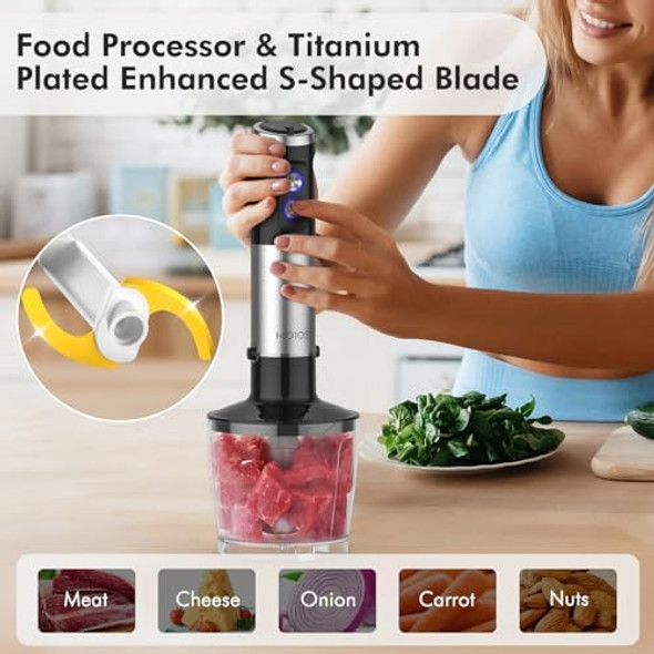 Koios 1000W Immersion Hand Blender Upgrated 5-In-1 Handheld Blender Full Copper Motor Titanium Enhanced Blender Shaft 12-Speeds 600Ml Mixing Beaker 500Ml Chopper Whisk & Milk Frother