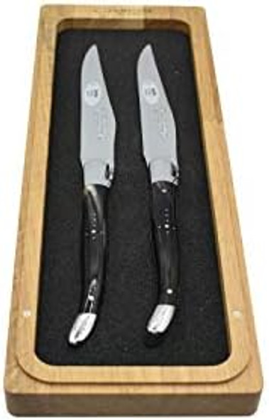 Laguiole En Aubrac Luxury Fully Forged Full Tang Stainless Steel Steak Knives 2-Piece Set With Buffalo Horn Handle Stainless Steel Shiny Bolsters
