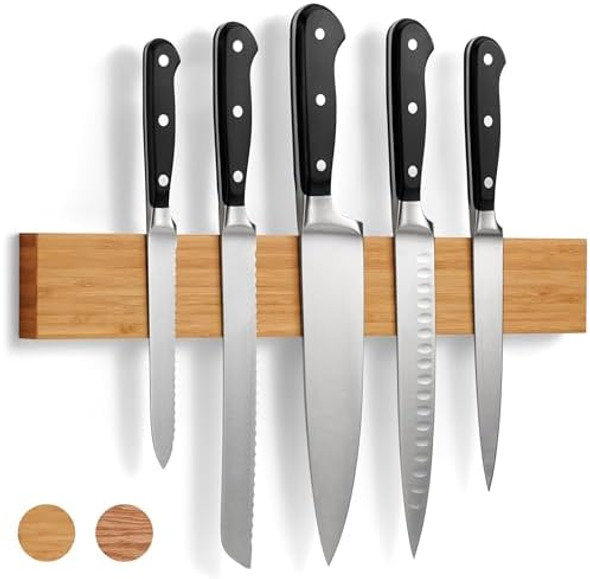 Larhn Magnetic Knife Holder For Wall 16″ - Powerful Knife Magnetic Strip For Knives Utensils And Tools - Not Compatible With Refrigerators - 100% Solid Bamboo