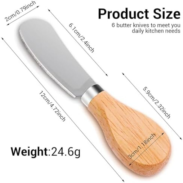 6 Pcs Wooden Handle Butter Spreader Knives Set – Stainless Steel Cheese Spreader for Charcuterie Board Cheese Knife Set for Butter Jam Pastry Cocktail Knives and Kitchen Accessories