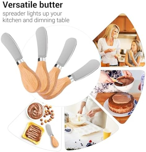6 Pcs Wooden Handle Butter Spreader Knives Set – Stainless Steel Cheese Spreader for Charcuterie Board Cheese Knife Set for Butter Jam Pastry Cocktail Knives and Kitchen Accessories