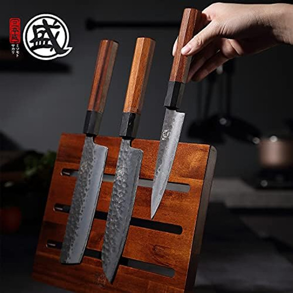Mitsumoto Sakari Kitchen Magnetic Knife Block Holder Japanese Acacia Wood Storage Knife Tool Holder Enhanced Double-Sided Magnetic Strip Wooden Knife Holder
