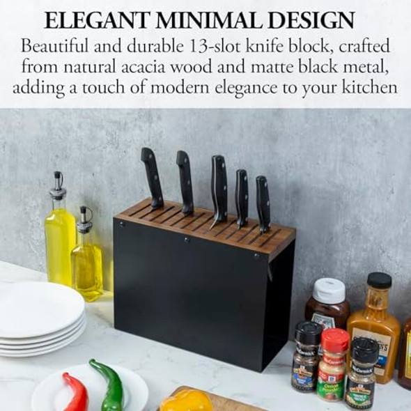 My 13 Slot Deluxe Natural Acacia Solid Wood And Matte Black Metal Universal Knife Block Kitchen Countertop Cutlery Holder Safe Blade Storage Knives Rack
