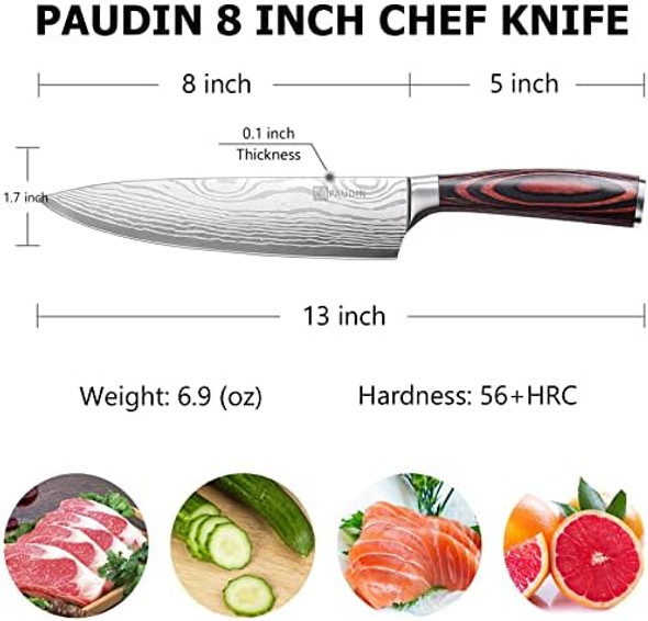 Paudin Chef Knife 8 Inch High Carbon Stainless Steel Sharp Kitchen Knife With Ergonomic Handle Box For Family & Restaurant