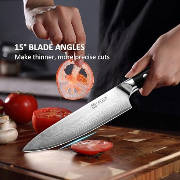 Paudin Damascus Knife Set 3 Pcs Japanese Vg10 Steel Core Ultra Sharp Chef Knife Set Full Tang G10 Handle Damascus Kitchen Knives