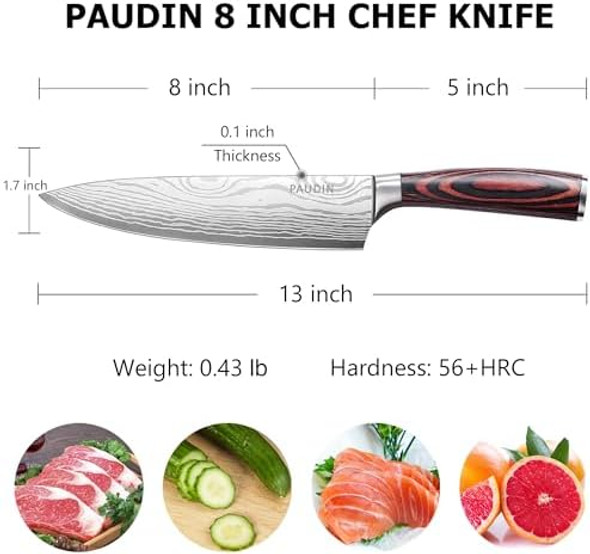 PAUDIN Chef Knife with Sheath- Pro Kitchen Knife 8 Inch Chef's Knives with High Carbon Stainless Steel Sharp Japanese Knife with Ergonomic Handle for Home Kitchen Restaurant