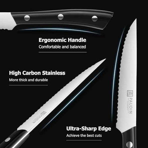 Paudin Steak Knives Steak Knives Set Of 8 Razor-Sharp Steak Knife Set 4.5 Inch High Carbon Stainless Steel Serrated Steak Knives Set For Kitchen Full Tang Abs Handle