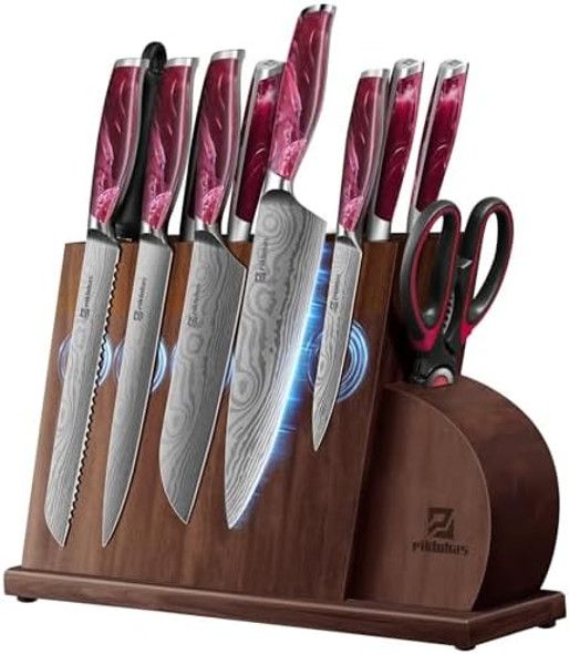 Knife Set For Kitchen 14 Pieces With Magnetic Holder Ultra Sharp Durable German Stainless Steel Damascus Pattern One-Piece Ergonomic Handle Elegant Red Flowing Cloud Design Knife Set For Kitchen 14 Pieces With Magnetic Holder Ultra Sharp Durable German Stainless Steel Damascus Pattern One-Piece Ergonomic Handle Elegant Red Flowing Cloud Design