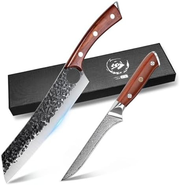 Purple Dragon Chef Knife Meat And Vegetable Cleaver Hand Forged Boning Knife 8.5 Inch With Damascus Fillet Knife 5.6 Inch Purple Dragon Chef Knife Meat And Vegetable Cleaver Hand Forged Boning Knife 8.5 Inch With Damascus Fillet Knife 5.6 Inch