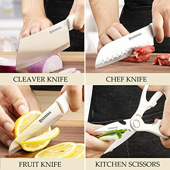 Knife Set For Kitchen Retrosohoo 5-Pieces White Cooking Knife Set With Storage Knife Holder Sharp Stainless Steel Knife Block Set For Cutting Slicing Dicing Chopping (White)