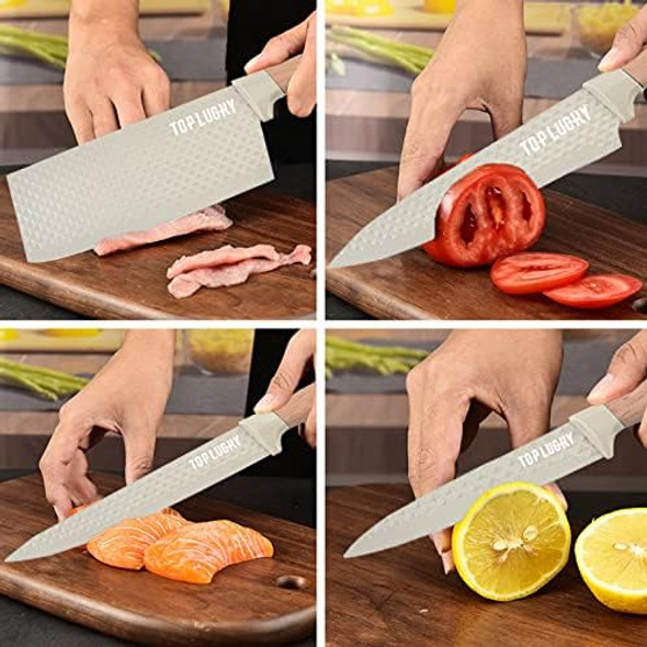Kitchen Knife Set 8-Pieces Khaki Sharp Chef Knife Set With Block Knife Block Set With Diamond Grain Non-Stick Knife Blade Stainless Steel Cooking Knives Suitable For Home Restaurant Apartment