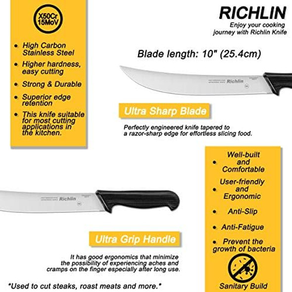 Richlin Butcher Knife10-Inch Chef Knife Breaking Knife Steak Knife Cimiter KnivesUltra Sharp Kitchen Knife Made Of High Carbon Stainless Steel(Black)