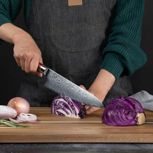 Senken Damascus Steel Chef'S Knife - Tsunami Collection - 67-Layer Japanese Vg10 Steel Core - Unique Blue Resin & Natural Wood Handle Razor Sharp Beautiful Damascus Wave Pattern (8" Chef'S Knife)