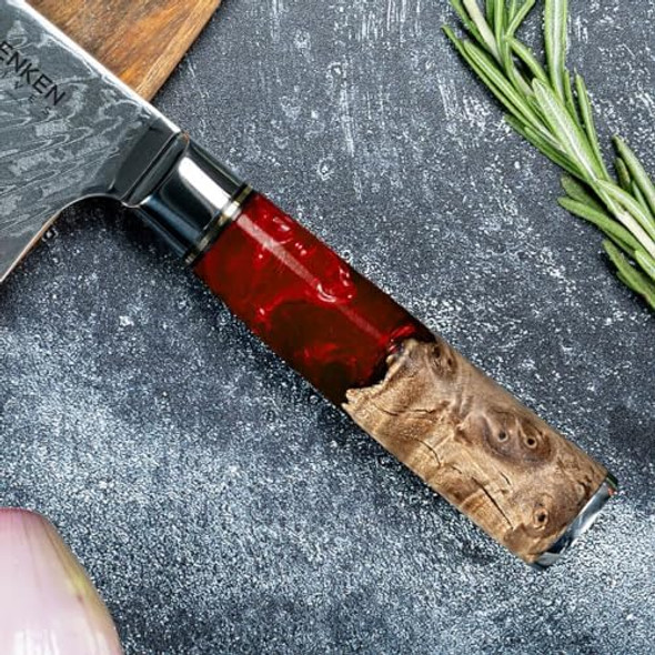 Senken Damascus Steel Chef'S Knife - Tsunami Collection - 67-Layer Japanese Vg10 Steel Core - Unique Blue Resin & Natural Wood Handle Razor Sharp Beautiful Damascus Wave Pattern (8" Chef'S Knife)