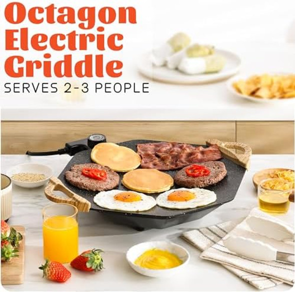13X13 Inch Octagonal Electric Griddle Space-Saving Design Multi-Functional For Eggs Pancakes Bbq & More Unique Idea Frameless Design For Easy To Clean Ilag Granite Nonstick Black