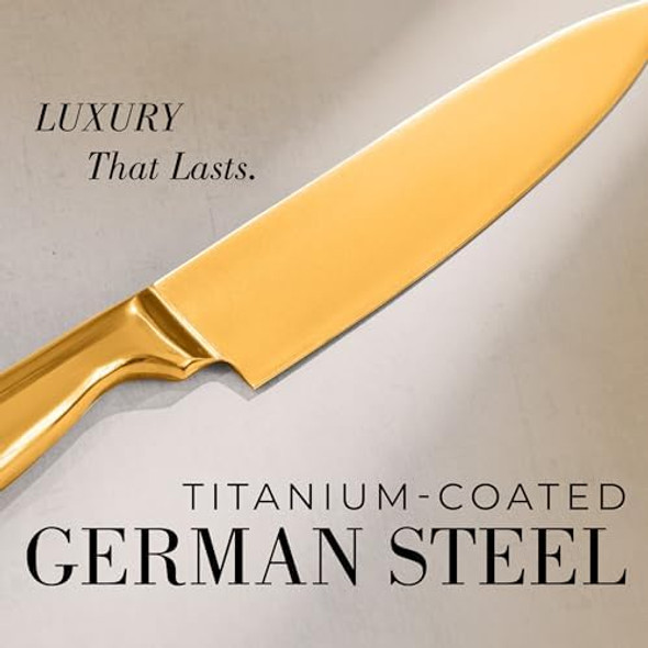 Styled Settings Black And Gold Chef Knife – German Stainless Steel Kitchen Knife – Ultra-Sharp Titanium-Coated Blade – Precision Cutting Knife For Home & Professional Chefs – Ideal